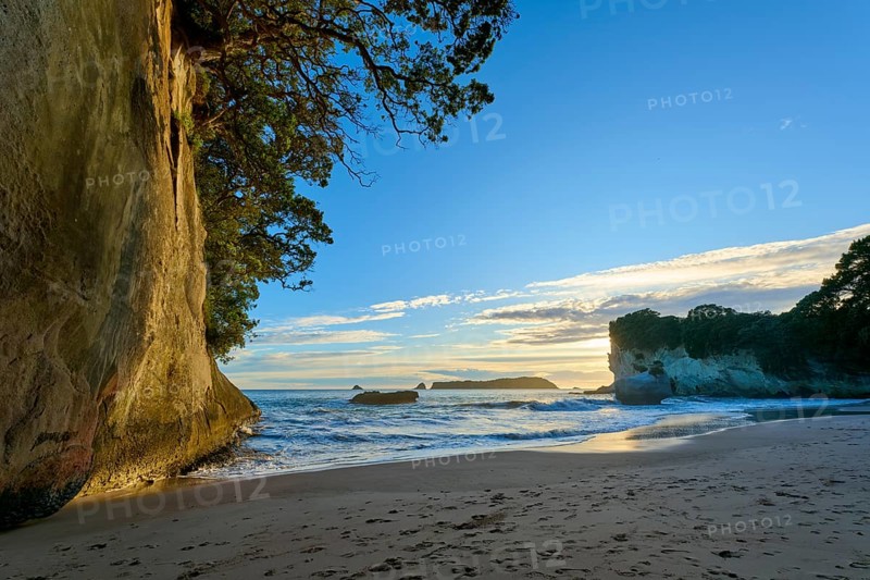 Beach with jagged rocks and calm sea, the sky is bathed in warm colours, Cathedral Cove, Coromandel, Canterbury, North Island, New Zealand, Oceania