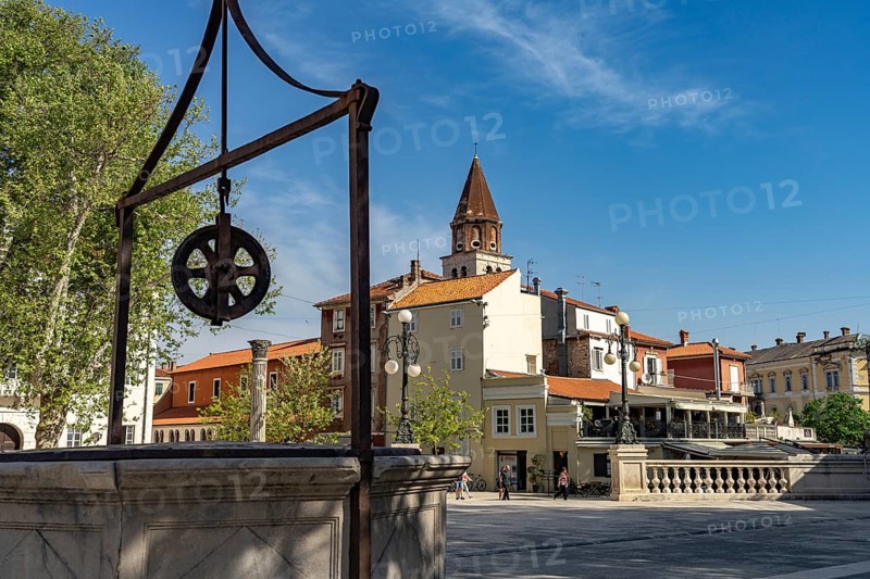 The Square of Five Fountains and the Church of St Simeon seen from the air, Zadar, Croatia, Europe