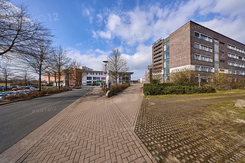 Town hall, trees, hedge, lantern, pavement made of concrete paving stones, asphalt road, blue sky with cumulus clouds, town hall square, Garbsen, Hanover region, Lower Saxony, Germany, Europe