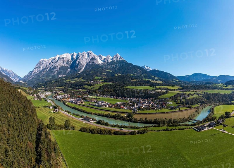 Drone shot, view of village with church, Pfarrwerfen, Tennengebirge, Salzachtal, Pongau, Salzburg province, Austria, Europe