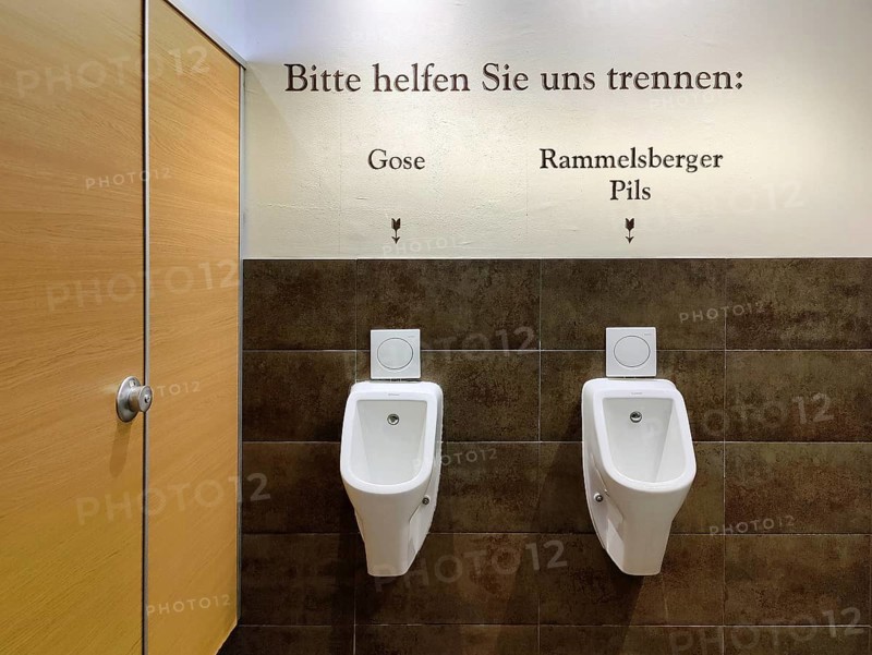 Two urinals with the witty request Please help us separate, Gose on the left, Rammelsberger Pils on the right, Goslar, Lower Saxony, Germany, Europe