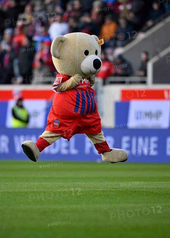 Mascot Paule 1. FC Heidenheim 1846 FCH jumps, air jump, joy, Voith-Arena, Heidenheim, Baden-Württemberg, Germany, Europe