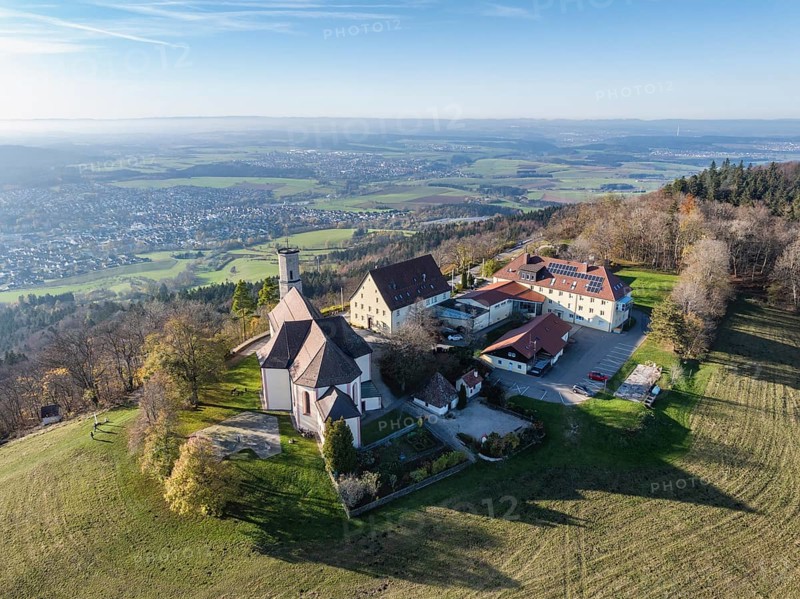 Aerial view of the 983 metre high Dreifaltigkeitsberg in the district of Spaichingen with the pilgrimage church, Dreifaltigkeitskirche and former monastery complex, Swabian Alb, Tuttlingen district, Baden-Württemberg, Germany, Europe