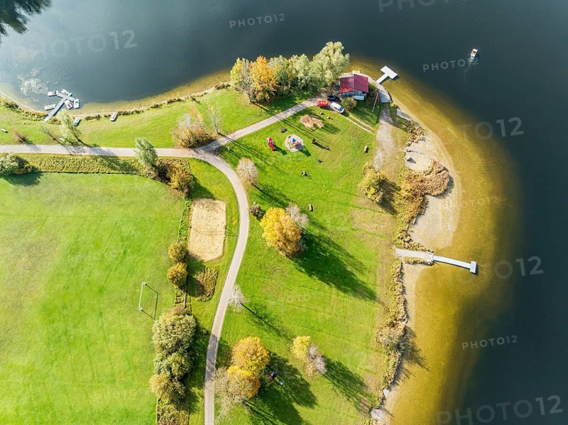 Sports facility and bathing area, lake Rottachsee, at village Petersthal, autumn, aerial view, Allgaeu, Bavaria, Germany, Europe