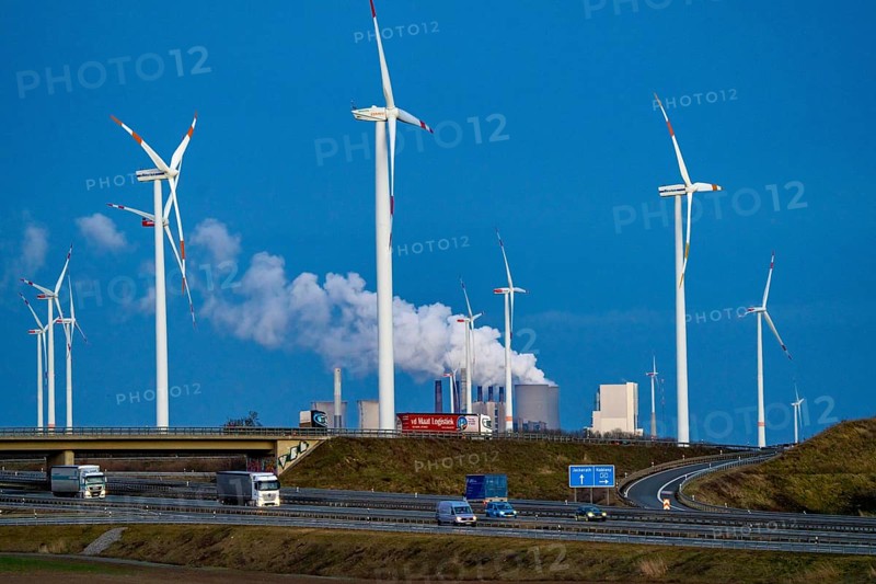 RWE Power Neurath lignite-fired power plant, RWE wind farm, Jackerath motorway junction, A44 and A61, near Bedburg, North Rhine-Westphalia, Germany, Europe