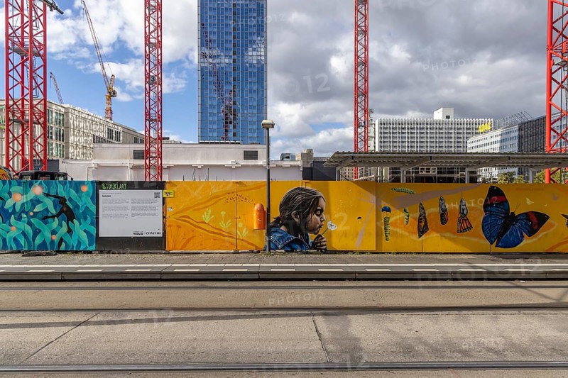 Construction site, construction fence and crane at Alexanderplatz in Berlin, Germany, Europe