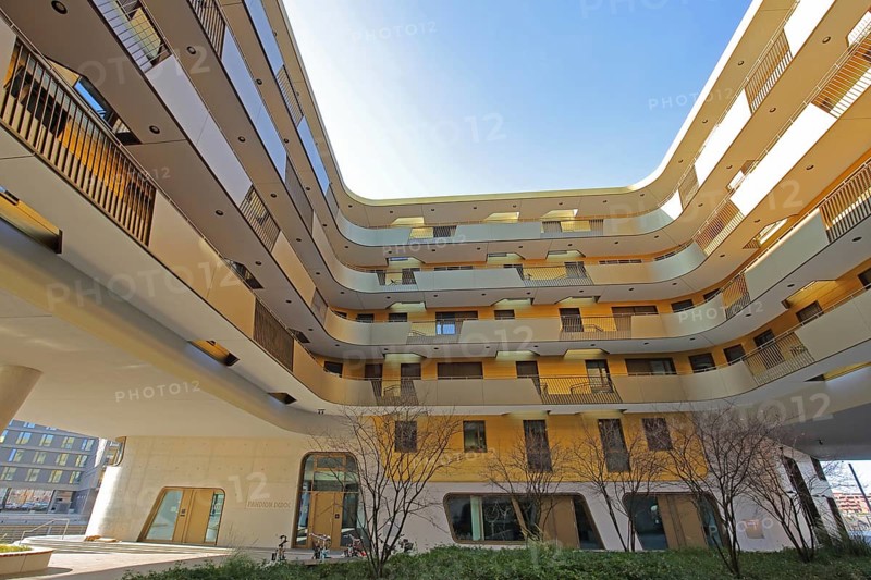 Modern golden building Pandion Doxx, golden, residential complex, inner courtyard, customs harbour, Neustadt, Mainz, Rhine-Hesse region, Rhineland-Palatinate, Germany, Europe