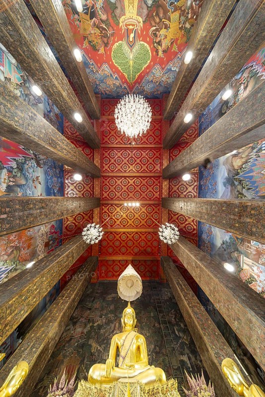 Frog's-eye view: coffered ceiling and golden Buddha statue, Bhumispara-mudra, Buddha Gautama at the moment of enlightenment, Wat Worawihan, Wat Prayurawongsawas Worawihan, Bangkok, Thailand, Asia
