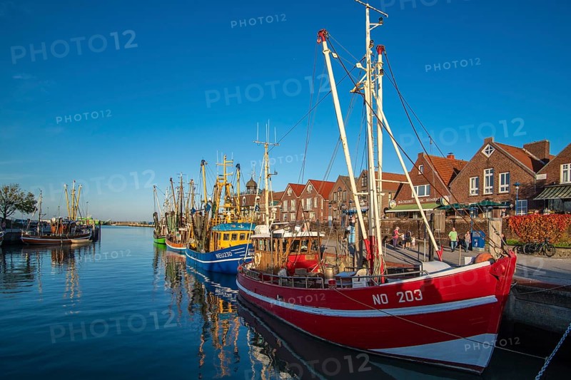 The harbour of Neuharlingersiel, East Frisia, Lower Saxony, fishing boats, fishing cutter, monument, Neuharlingersiel, Lower Saxony, Federal Republic of Germany