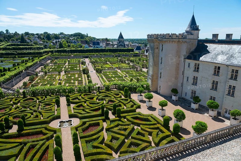 Castle with adjoining, geometrically designed garden with hedges and well-tended paths on a sunny day, Villandry Castle, Renaissance, Tours, Loire Valley, Centre-Val de Loire, France, Europe
