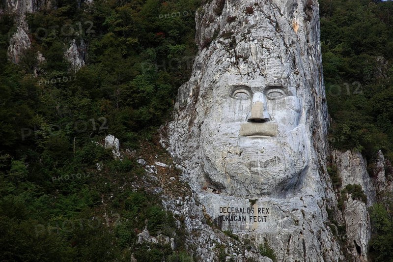 Wallachia, statue of the Dacian king Decebalus, Decebalus Rex Dragan Fecit, 40 metre high statue and at the same time the highest rock sculpture in Europe, is located on a rock formation on the banks of the Danube near the village of Dubova, southwest of the town of Orsova, in the Iron Tor tor nature park Park, Romania, Europe