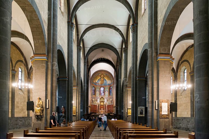 Interior view, Romanesque monastery church, Benedictine Abbey Maria Laach, Eifel, Rhineland-Palatinate, Germany, Europe
