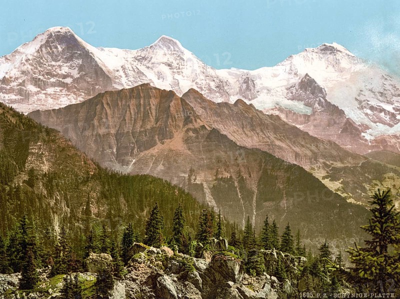 Schynige Platte, Eiger, Mönch und Jungfrau, Bernese Oberland, Switzerland, Historic, digitally restored reproduction from a 19th century original, Record date not stated, Monch and Jungfrau, Bernese Oberland, Switzerland, Historic, digitally restored reproduction from a 19th century original, Record date not stated, Europe