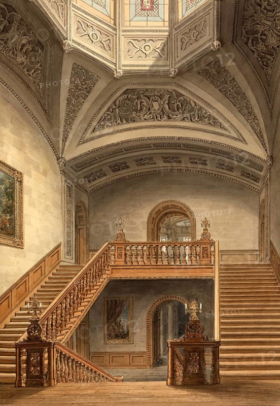 View of the Staircase at Longleat House, Wiltshire, the Seat of the Marquis of Bath, England, digitally restored reproduction of a 19th-century original by John Buckler, Record date not stated, View of the Staircase at Longleat House, the Seat of the Marquis of Bath, digitally restored reproduction of a 19th-century original, Record date not stated