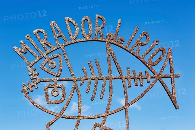 Iron sign, Mirador del Rio, sculpture by architect Cesar Manrique, landmark, Lanzarote, Canary Islands, Spain, Europe