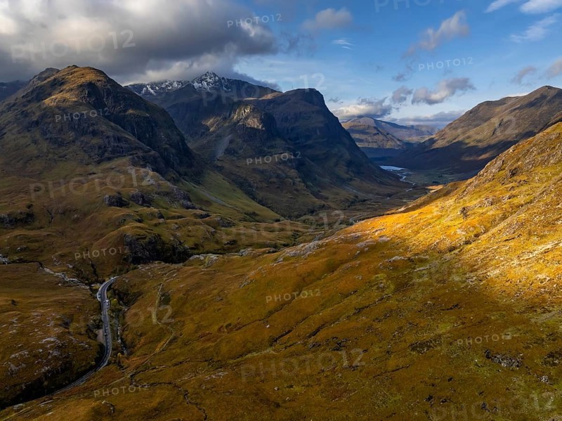 Cloudy mood, morning light, road, valley, mountains, aerial view, autumn, Glencoe, Three Sisters, Scottish Highlands, Scotland, Great Britain