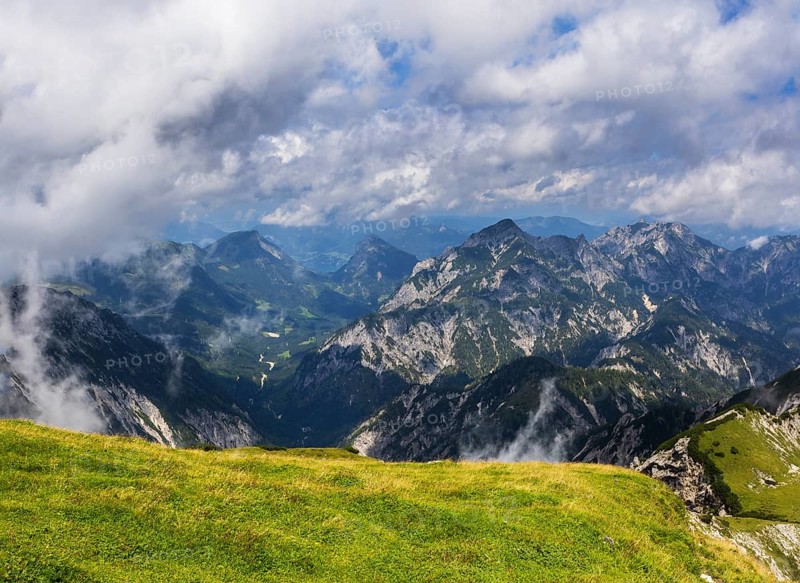 View from Gamsfeld to Rinnkogel and Rettenkogel, Osterhorn group, Salzkammergut, Salzburg province, Austria, Europe