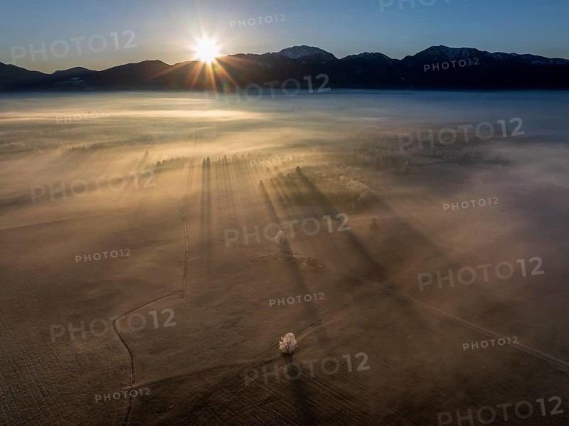 Sunrise, fog, hoarfrost, mountains, winter, backlight, aerial view, Loisach-Lake Kochel moor, behind Benediktenwand, Alpine foothills, Bavaria, Germany, Europe