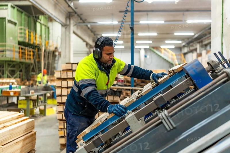 Male caucasian worker of a recycling plant repairing a pallet for reuse in the workshop