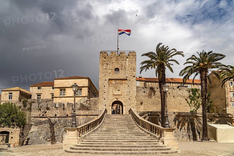Land Gate Revelin Tower, city gate in Korcula, Croatia, Europe