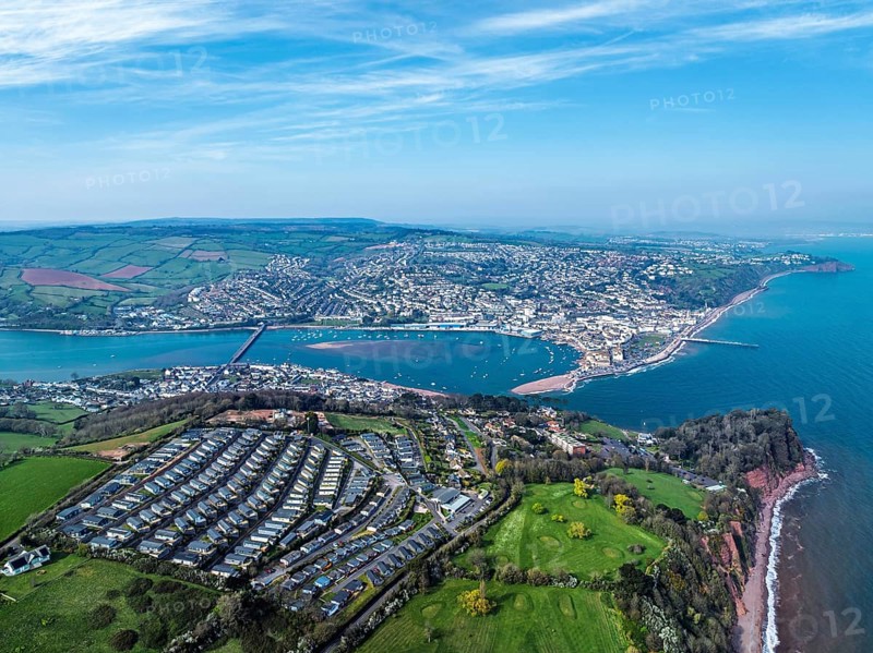Coast View Holiday Park, Farms and Fields over River Teign from a drone, Teignmouth, Shaldon, Devon, England, United Kingdom, Europe