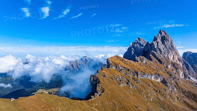 The Sas Rigais and Furchetta peaks of the Odle Group, drone shot, Val Gardena, Dolomites, Autonomous Province of Bolzano, South Tyrol, Italy, Europe