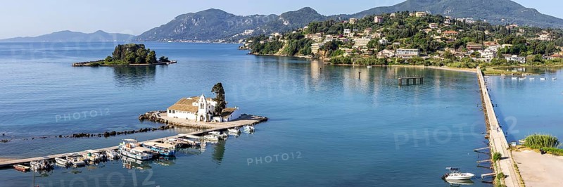 Vlacherna Monastery and Mouse Island in the Mediterranean from above Panorama on the island of Corfu, Greece, Europe