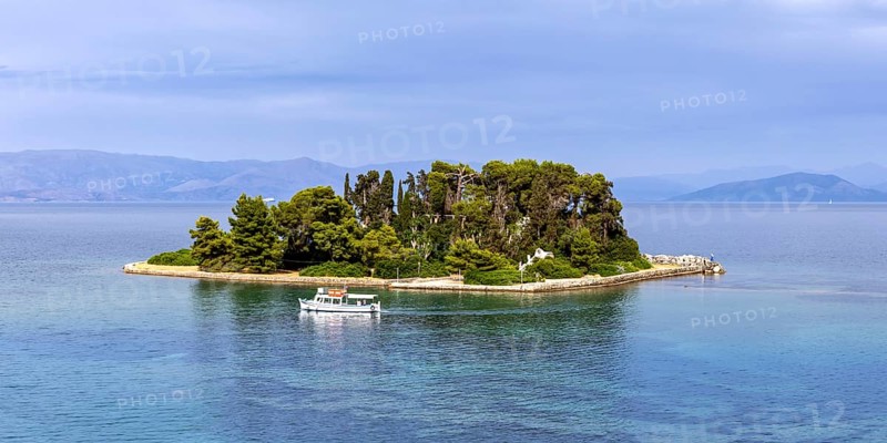 Mouse Island in the sea panorama on the island of Corfu, Greece, Europe