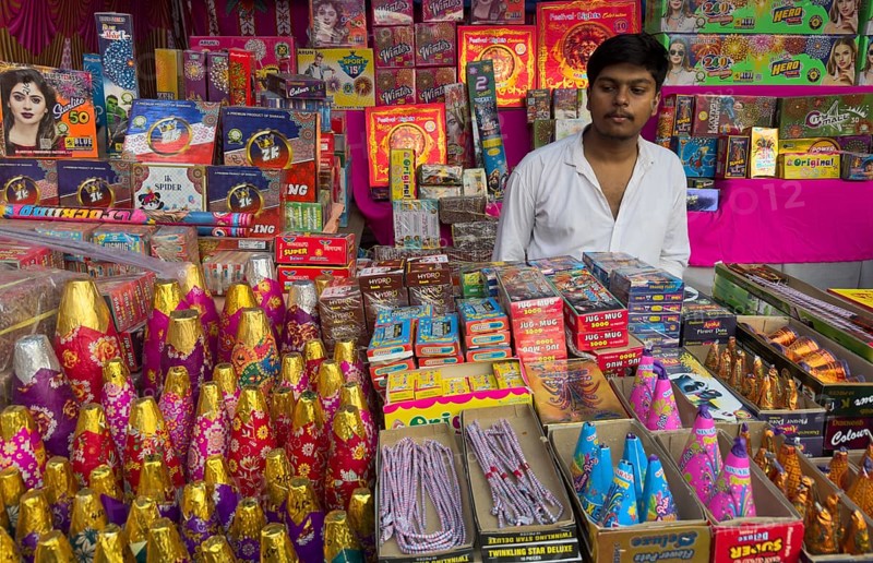 Various firecrackers displayed for sell at a market on the eve of Diwali, the Hindu festival of lights, in Guwahati, India on October 30, 2024. Diwali, also known as the Festival of Lights, is one of the most widely celebrated Hindu festivals, symbolizing the victory of light over darkness and good over evil