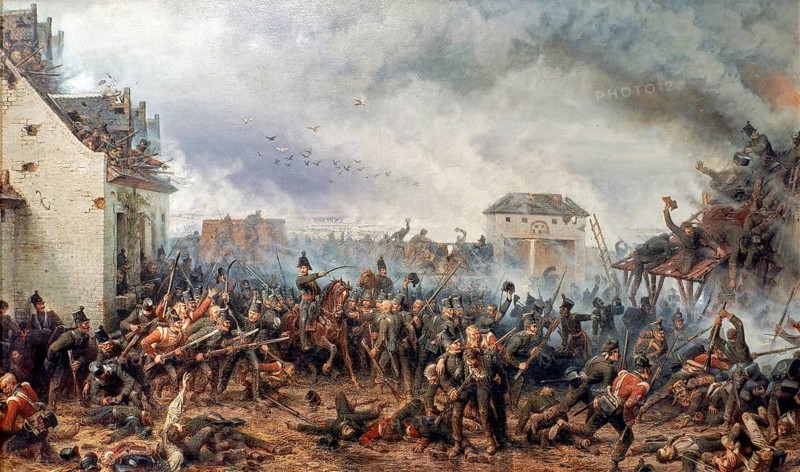 Defence of La Haye Sainte by the Kings German Legion during the Battle of Waterloo in 1815, painting by German painter Adolph Northen, Adolf Northern
