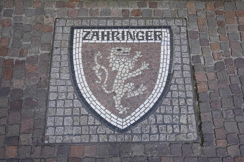 Floor mosaic with coat of arms of the Swabian princely family of the Zähringer, Swabian, noble family, historical, lion figure, Hausach, Kinzigtal, Southern Black Forest, Black Forest, Baden-Württemberg, Germany, Europe