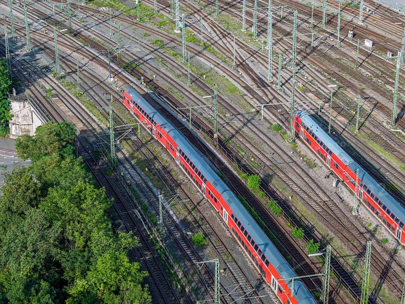 Track apron at Stuttgart main station with regional trains, infrastructure of Deutsche Bahn AG. After completion of the Stuttgart 21 project, the new Rosenstein neighbourhood and flats are to be built here. Stuttgart, Baden-Württemberg, Germany, Europe
