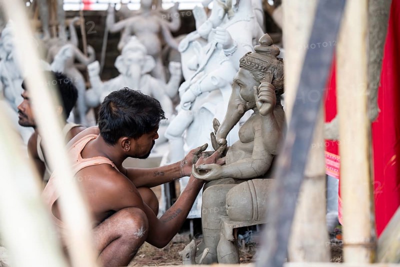 Artisan work on idols of the elephant-headed Hindu deity Ganesha at a workshop ahead of the Ganesh Chaturthi festival, in Guwahati, Assam, India on 3 September 2024