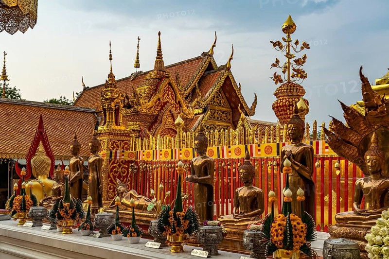 Buddha statues in the Buddhist temple complex Wat Phra That Doi Suthep, landmark of Chiang Mai, Thailand, Asia
