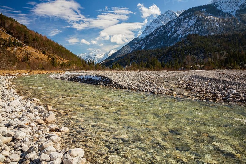 Isar valley nature conservancy area. The wild Isar river flows through its gravel bed