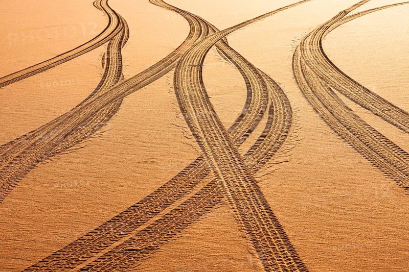 Tyre tracks in the sand in the Rub al Khali desert, Dhofar province, Arabian Peninsula, Sultanate of Oman
