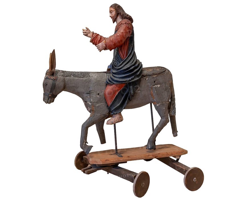 Christ on the palm donkey, on a white background, wooden figure from around 1400, Museum Bezau, Vorarlberg, Austria, Europe