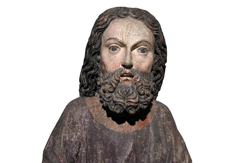 Head of Jesus, around 1470, on a white background, only the body of Jesus remains of the palm donkey, Strigel Museum, Martin-Luther-Platz 1, Memmingen, Swabia, Bavaria