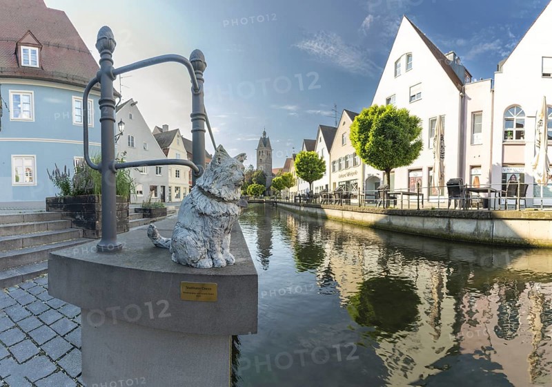 Bronze sculpture by Cornelia Brader: City tomcat Chicco at the city stream, behind it Our Lady's Church, Memmingen, Allgäu, Bavaria, Germany, Europe