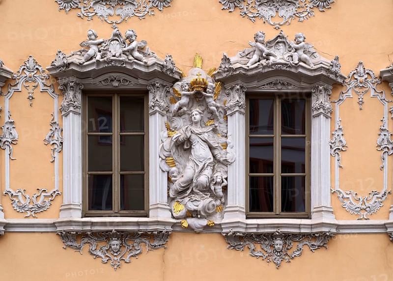 Stucco façade, window, Haus zum Falken, Falkenhaus, historic old town, Würzburg, Lower Franconia, Bavaria, Germany, Europe