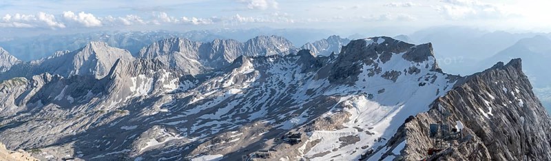 Mountain station at the summit of the Zugspitze, panorama, mountain panorama with golden summit cross, view of the Zugspitzplatt and mountain peaks, Wetterstein range, Bavaria, Germany, Europe