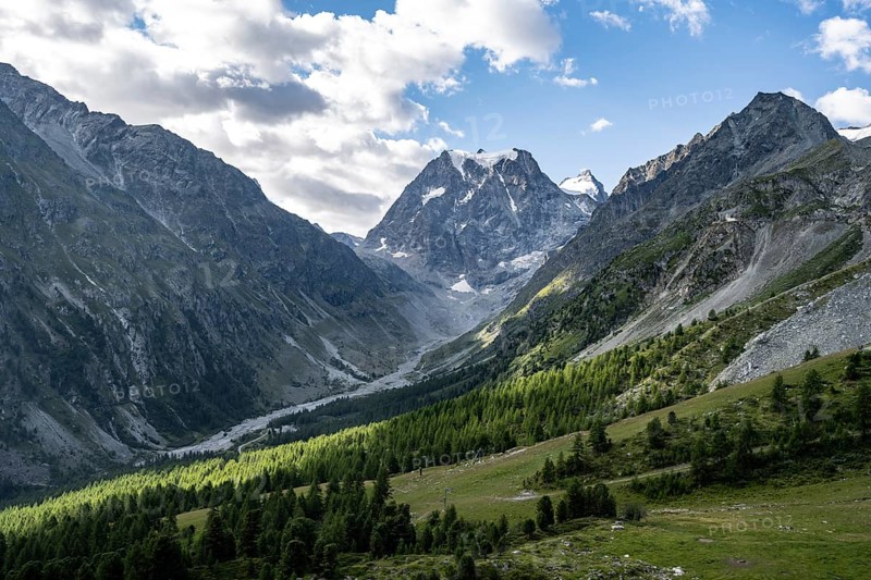 Mountain landscape near Arolla, behind mountain peak Mont Collon, Valais, Western Alps Switzerland