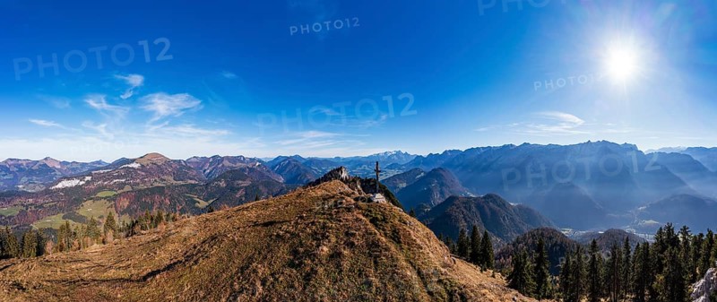Drone shot, summit cross on the Schwarzer Berg with a view of the Lammertal with Dachstein massif and Tennengebirge, Golling, Osterhorn group, Salzburg province, Austria, Europe