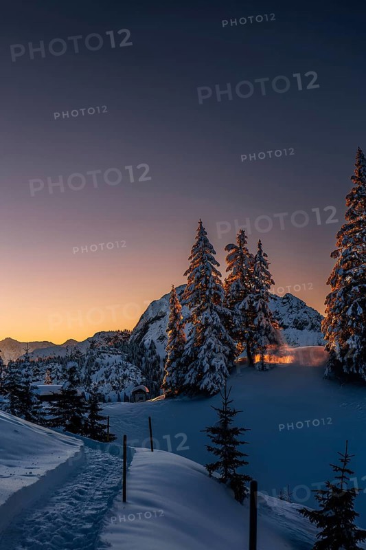 Sunrise snow tour on the Tegelberg in the Allgäu in Bavaria. Winter Wonder Land, Germany, Europe