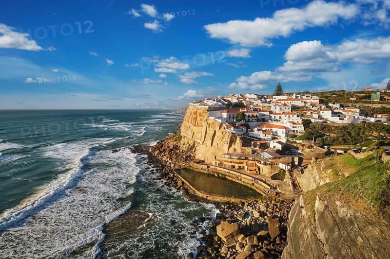 Scenic view of the seaside Azenhas do Mar fishing village on cliff on Atlantic ocean coast, Portugal, Europe