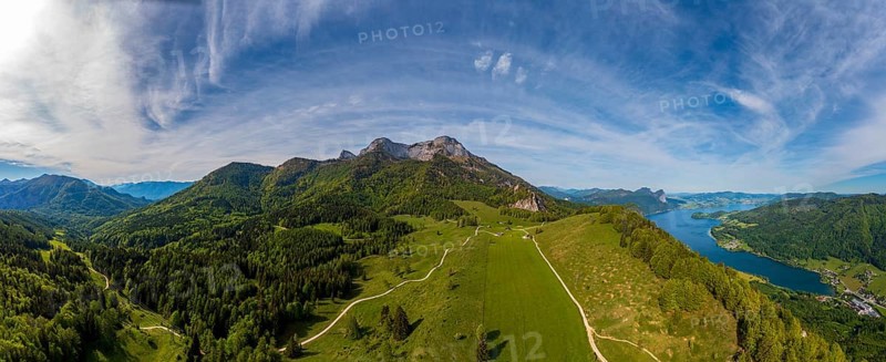 Drone shot, Eisenaualm with Schafberg and Mondsee, Osterhorn group, Salzkammergut, Salzburg province, Austria, Europe
