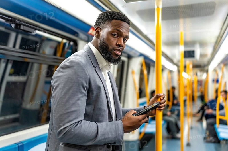 Young businessman commuting on a subway train, using a smartphone for browsing social media and staying connected while traveling
