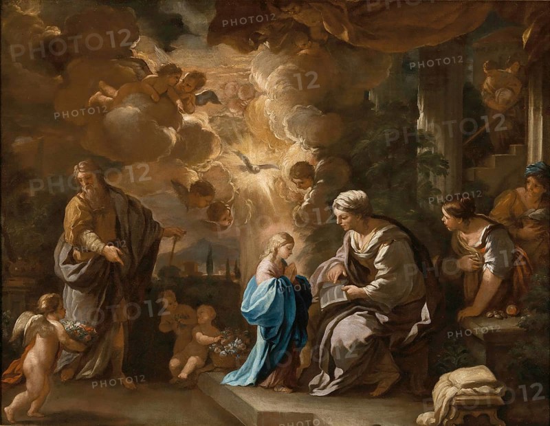 The Education of the Virgin, painting made by Luca Giordano (Italian, 1634-1705), historically, digitally restored reproduction of a 17th-century original, exact date unknown, The Education of the Virgin, painting made by Luca Giordano (Italian, Historically, digitally restored reproduction of a 17th-century original, exact date unknown