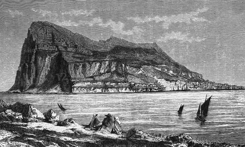 Rock of Gibraltar, view from north-west of Europe, British overseas territory on the Iberian Peninsula, houses on the mountainside, Strait of Gibraltar, sailing boats, geography, historical illustration 1888