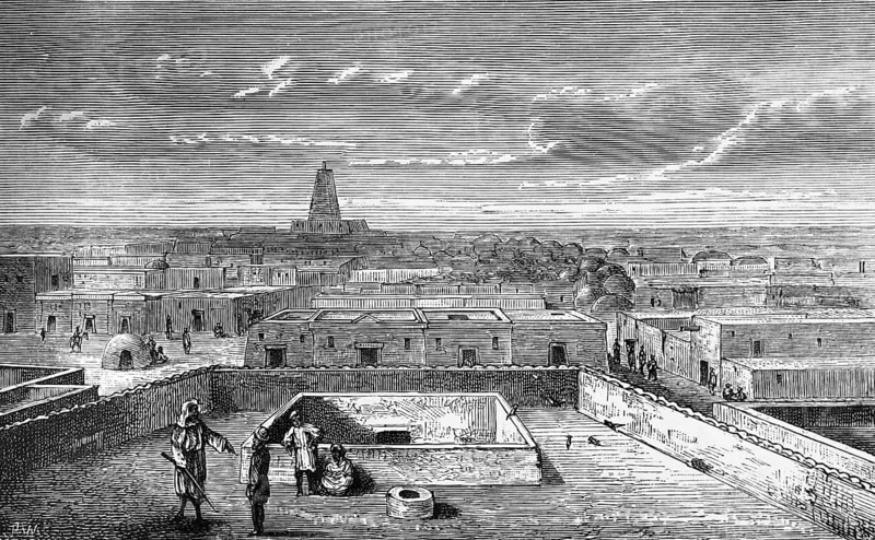 City view of the oasis city of Timbuktu in the 19th century, flat mud houses, tower of a mosque, UNESCO World Heritage Site, alleys, people, travelling, Mali, historical illustration 1886, Africa